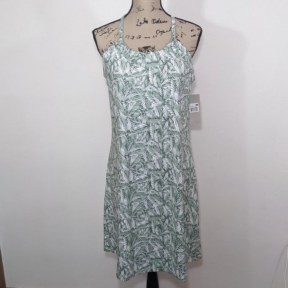 NWT Eddie Bauer Activewear Harmony Dress 4 Way Stretch Green Palm Leaves L - Picture 1 of 12